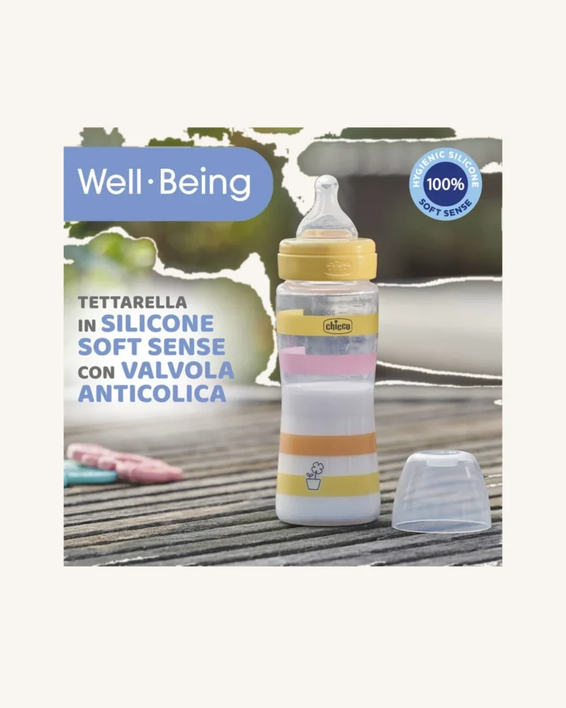 Chicco Well-Being Anti-Colic Feeding Bottle 330ml, Fast Flow 4m+ – Yellow
