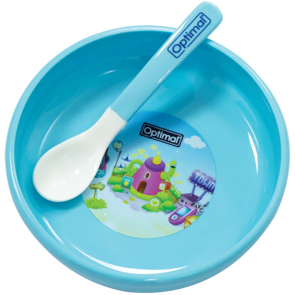 7261894210149_4.jpg Optimal Non Slip Feeding Dish With Soft Tip Spoon Blue, Pink, White - الصورة 1