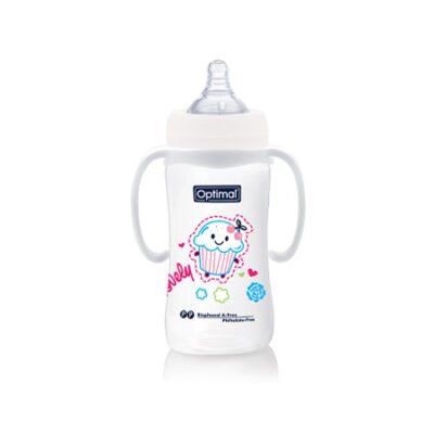 Optimal Wide Neck Feeding Bottle With Handle 300ml Blue, Pink, White